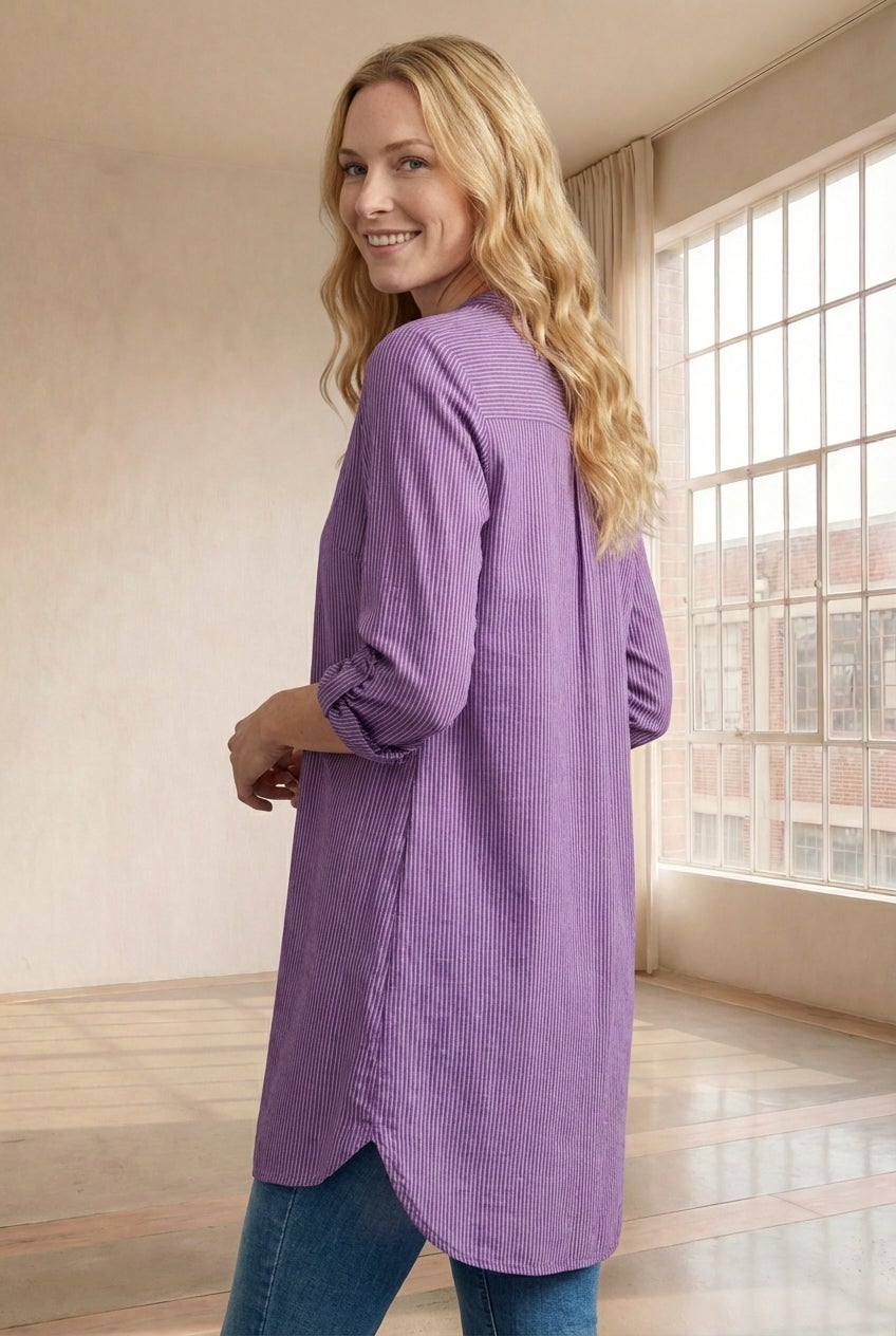 Three-Quarter Sleeve Roll Tab Relaxed Fit 100% Cotton Henley Tunic image number 2