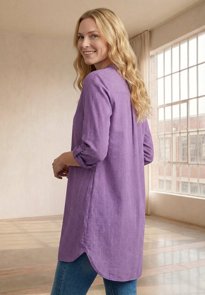 Three-Quarter Sleeve Roll Tab Relaxed Fit 100% Cotton Henley Tunic image number 2