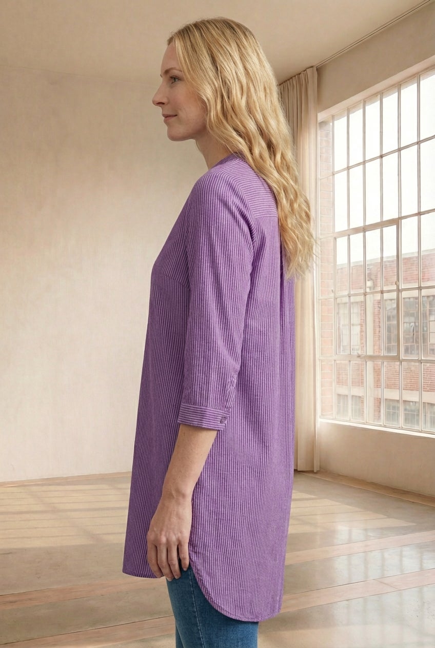 Three-Quarter Sleeve Roll Tab Relaxed Fit 100% Cotton Henley Tunic image number 3