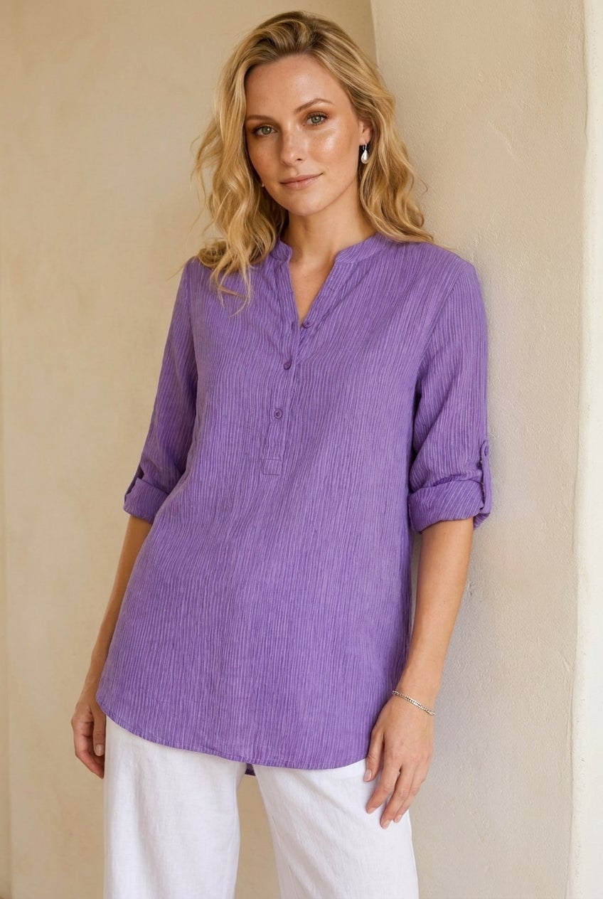 Three-Quarter Sleeve Roll Tab Relaxed Fit 100% Cotton Henley Tunic image number 0