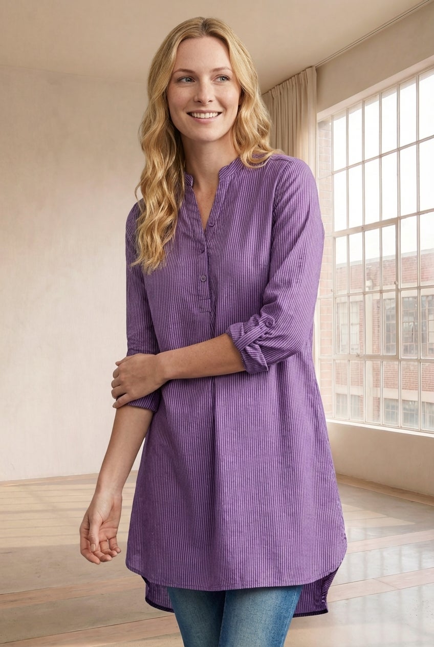 Three-Quarter Sleeve Roll Tab Relaxed Fit 100% Cotton Henley Tunic image number 1