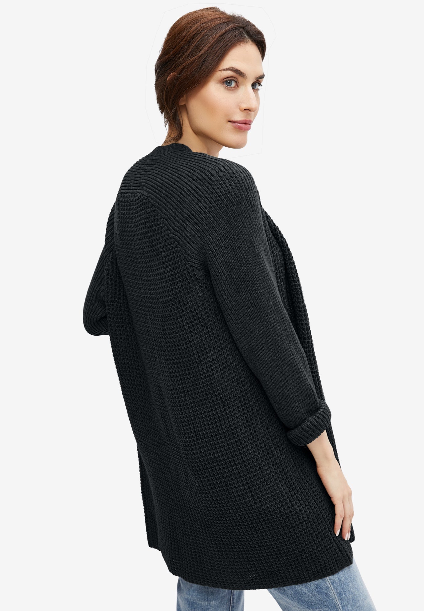 Open Front Long Ribbed Sleeve Waffle Cardigan image number 1