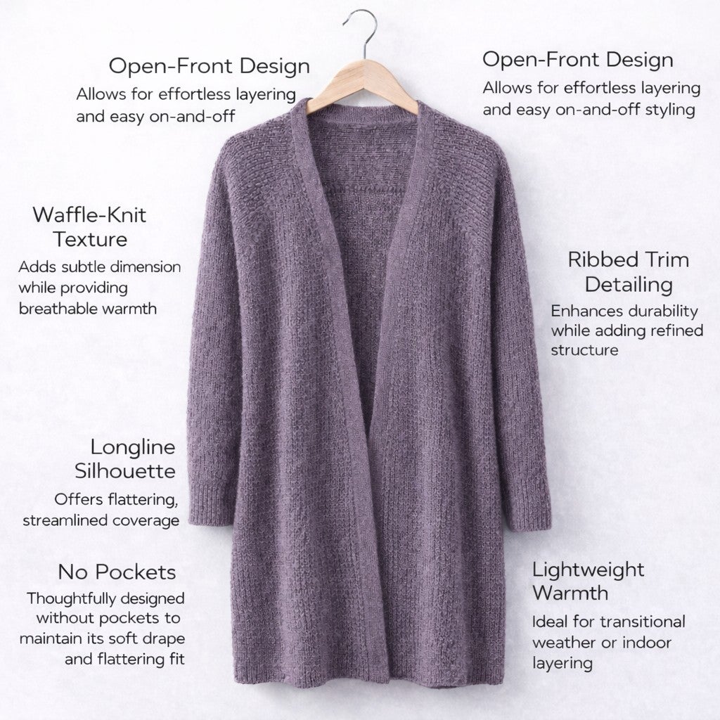 Open Front Long Ribbed Sleeve Waffle Cardigan image number 2