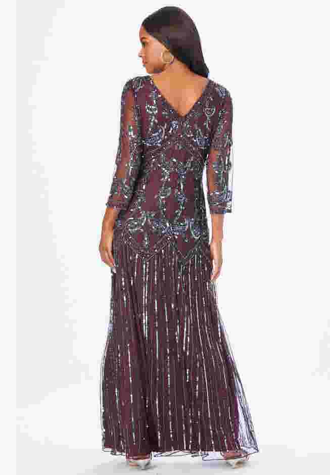 Plus Size Beaded V-Neck 3/4 Sleeve Sleeve Maxi Gown image number 1