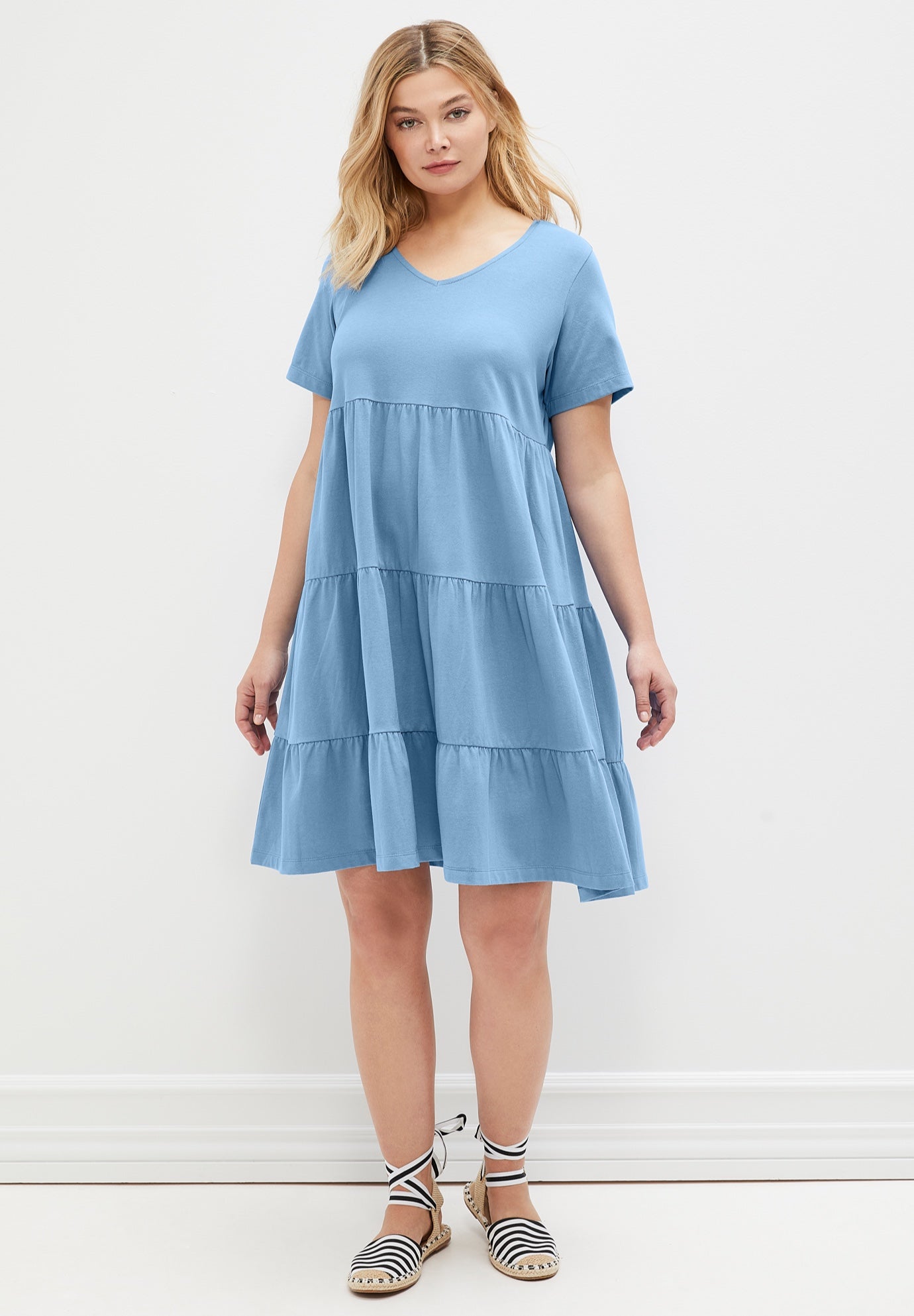 Cotton Spandex Scoop Neck Short Sleeve Tiered A Line Dress image number 0