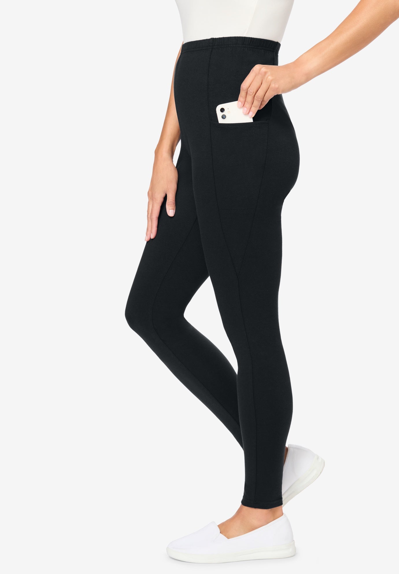 Side Pocket Ankle-Length Pull-On Stretch Knit Cotton Spandex Leggings image number 2