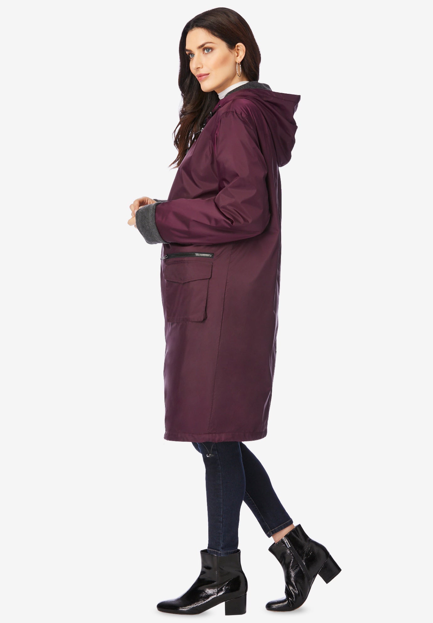 Plus Size Knee Length Hooded Nylon Jacket image number 3