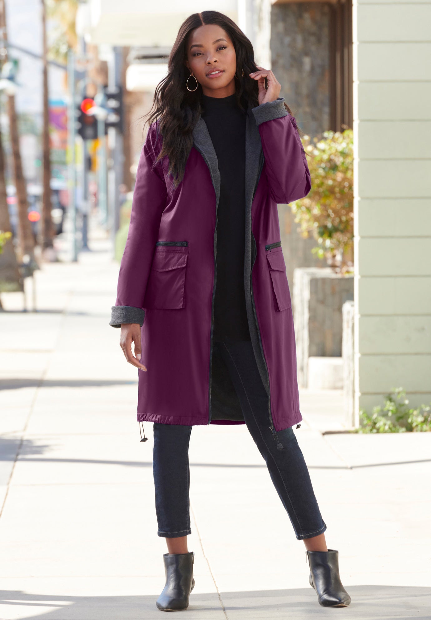 Plus Size Knee Length Hooded Nylon Jacket image number 0