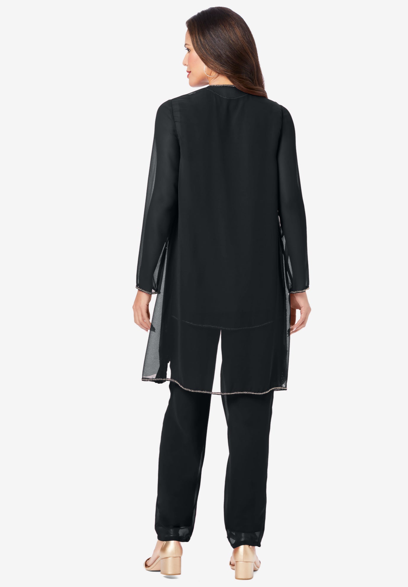 Plus-Size Long Sleeve Floral Beaded Georgette Three-Piece Pant Set image number 1