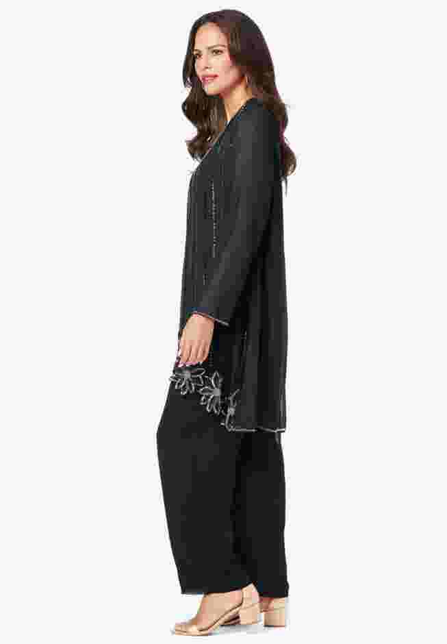 Plus-Size Long Sleeve Floral Beaded Georgette Three-Piece Pant Set image number 3