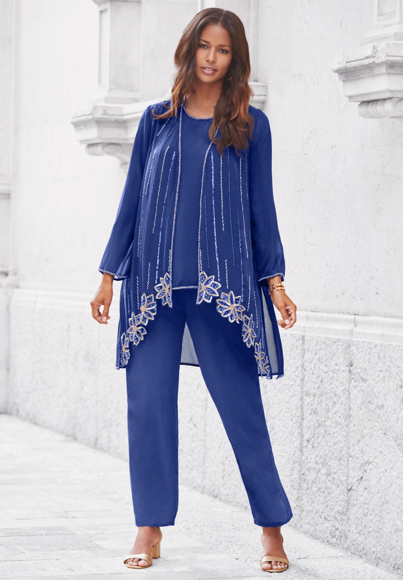 Plus-Size Long Sleeve Floral Beaded Georgette Three-Piece Pant Set image number 2