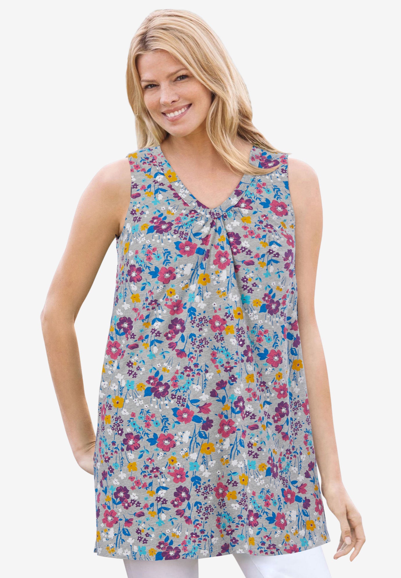 Perfect Printed Sleeveless Shirred V-Neck Tunic image number 0