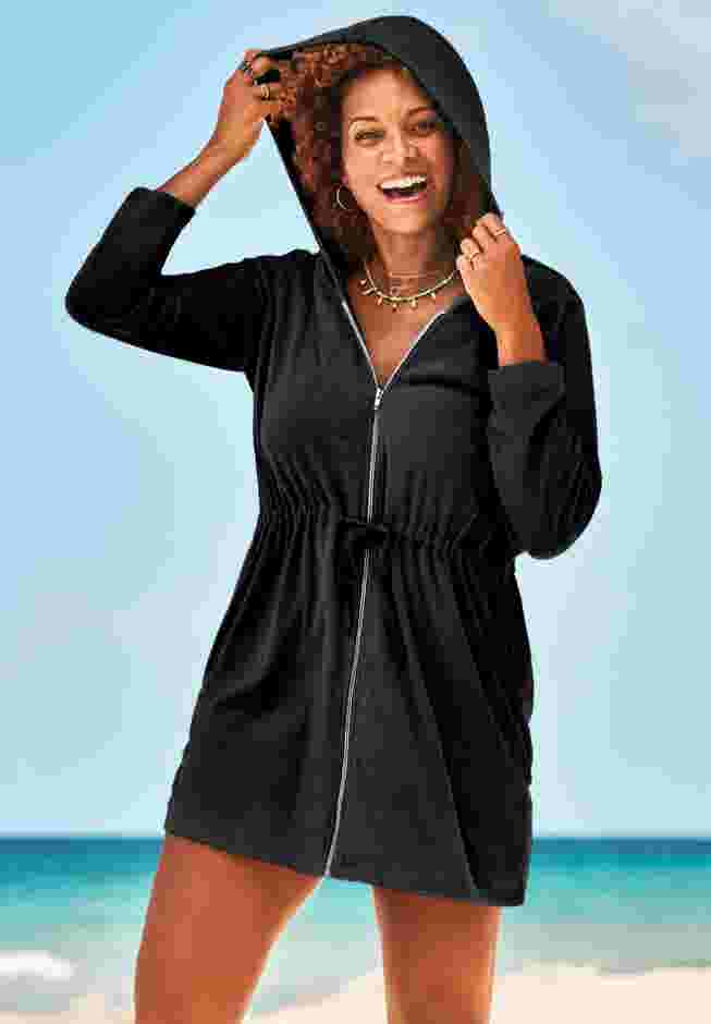 French Terry Tie Waist Hoodie Cover Up image number 0