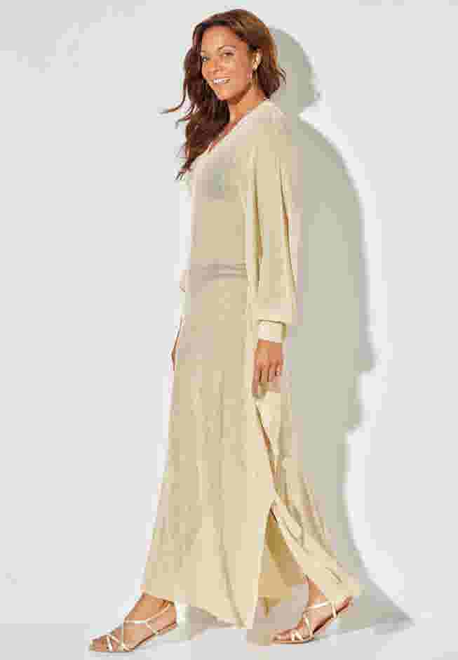 Long V-Neck Shimmer Caftan Tunic Cover Up image number 2