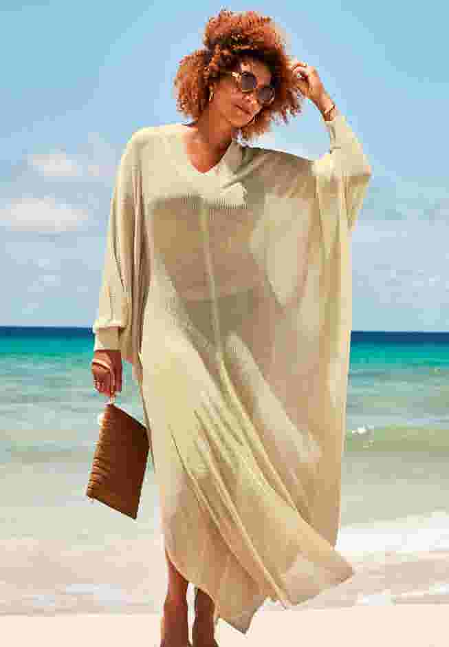 Long V-Neck Shimmer Caftan Tunic Cover Up image number 0