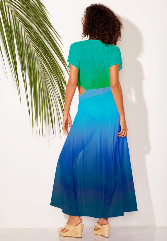 Flattering Twist Front Mesh Cut-Out Cover Up Dress, Green Blue Ombre | Swimsuits For All Flattering Twist Front Mesh Cut-Out Cover Up Dress, Green Blue Ombre | Swimsuits For All