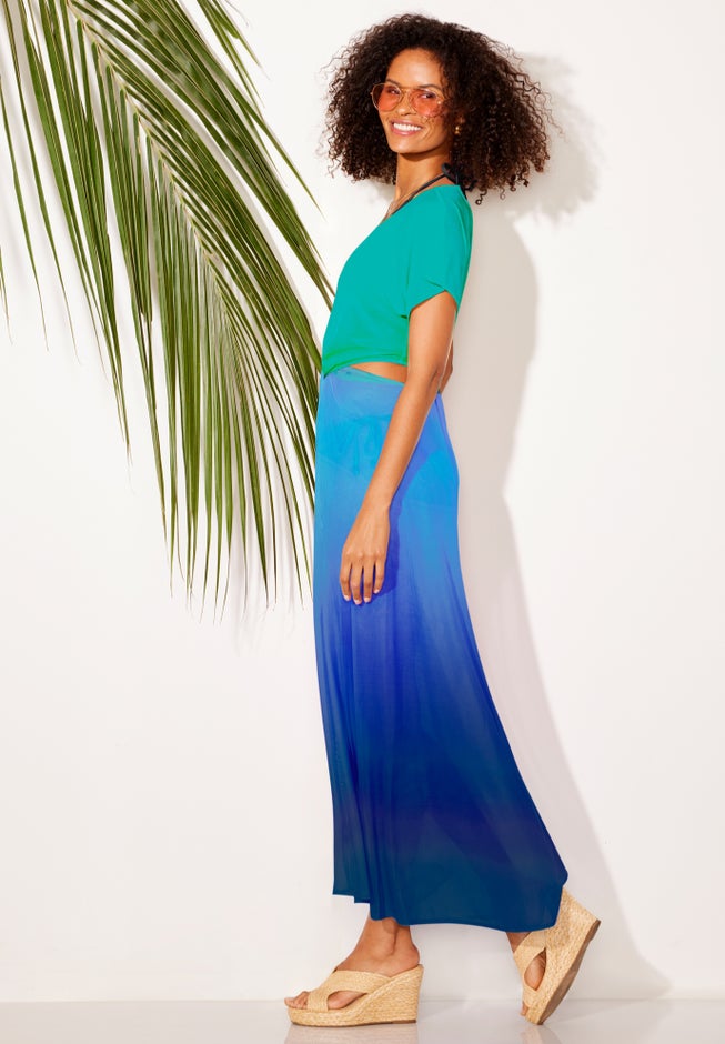 Flattering Twist Front Mesh Cut-Out Cover Up Dress, Green Blue Ombre | Swimsuits For All Flattering Twist Front Mesh Cut-Out Cover Up Dress, Green Blue Ombre | Swimsuits For All