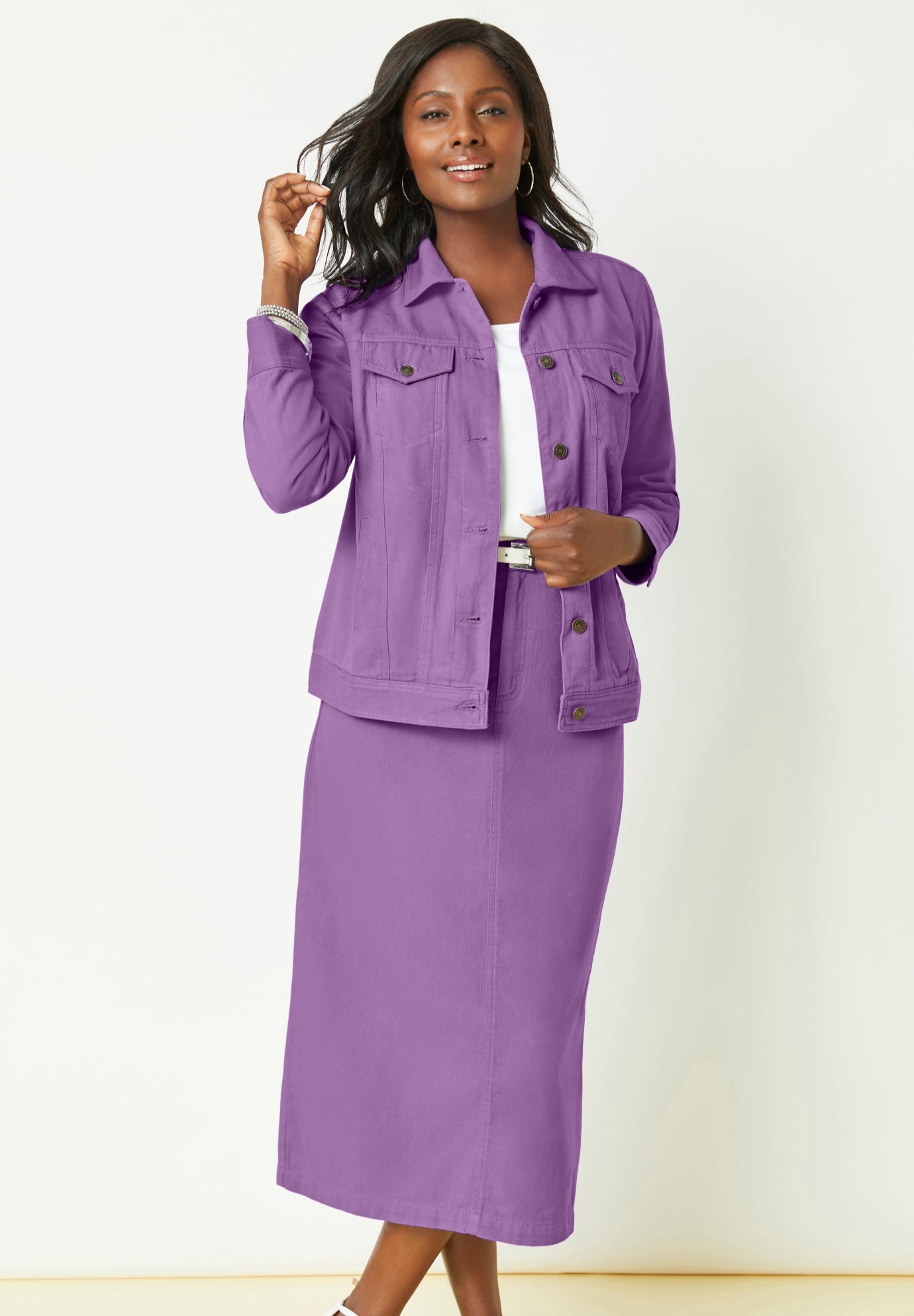 Classic Cotton Denim Midi Skirt image number 3