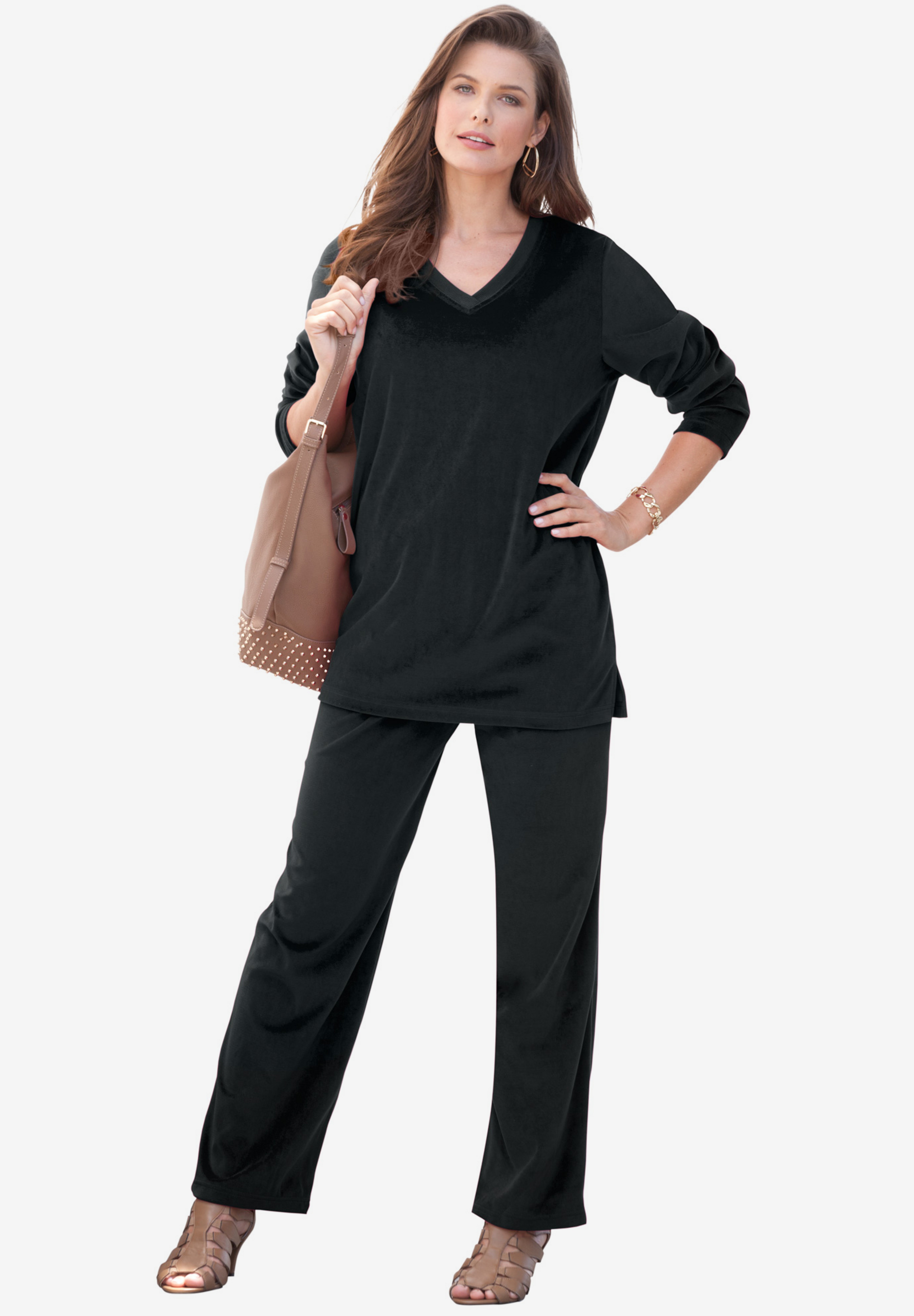 Plus Size Two-Piece V-Neck Velour Set image number 0