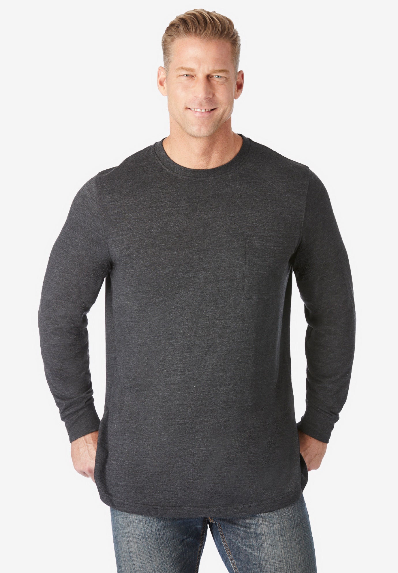 Shrink-Less™ Lightweight Long-Sleeve Crewneck Pocket T-Shirt image number 3