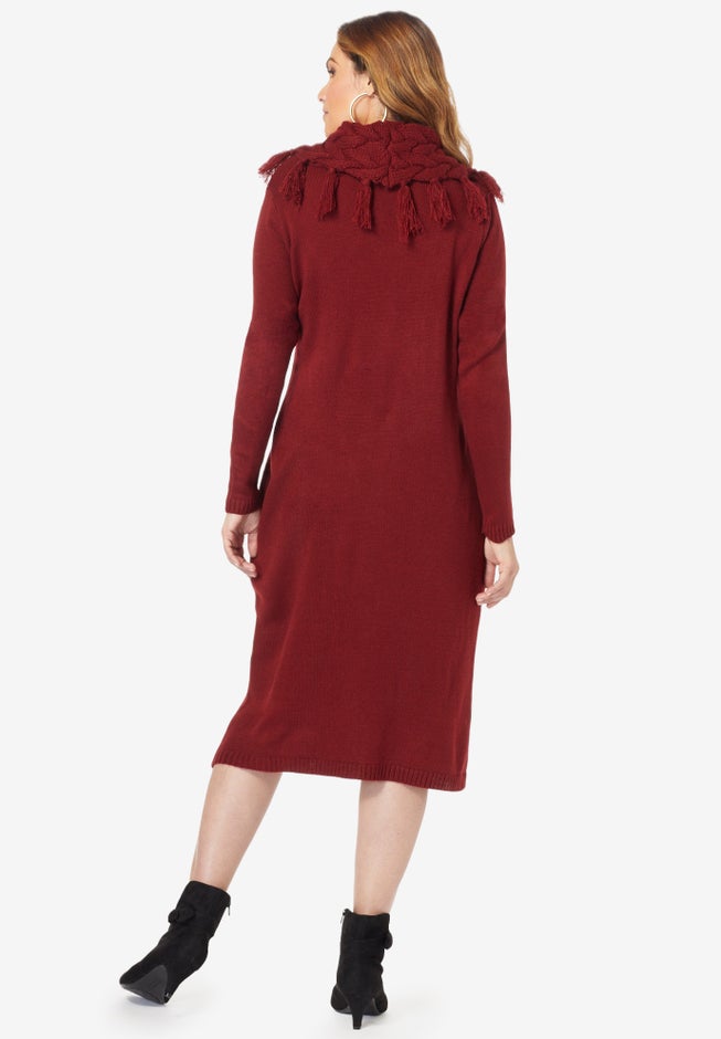 Fringed Cowl-Neck Sweater Dress image number 1