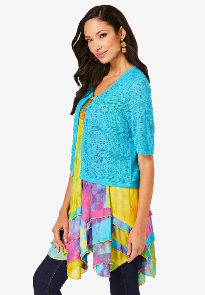 Cropped Pointelle Short Sleeve Cardigan Sweater image number 2