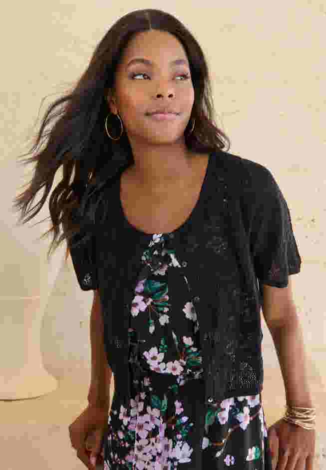 Cropped Pointelle Short Sleeve Cardigan Sweater image number 3