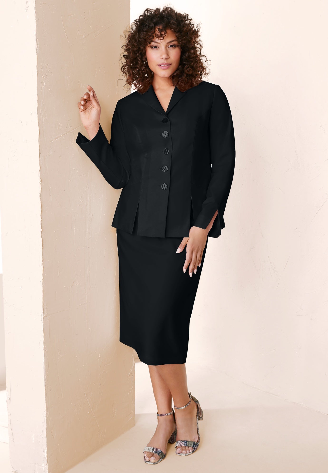 Plus Size Long Sleeve Shawl-Collar Jacket & Sheath Skirt Set – 2-Piece Suit image number 0
