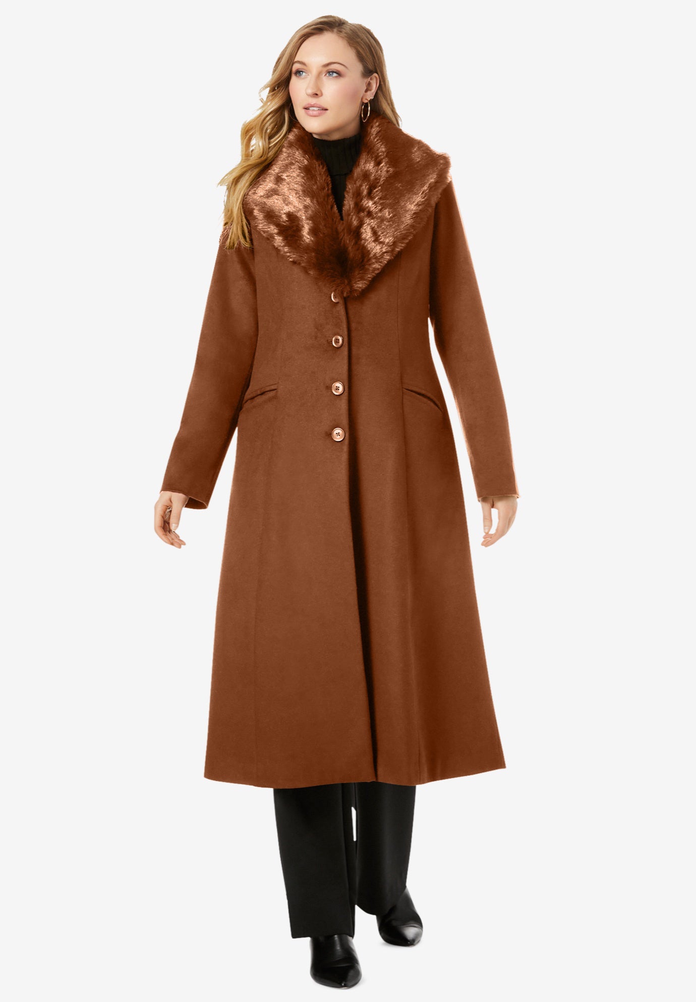 Long Wool Blend Coat with Faux Fur Collar Swimsuits For All