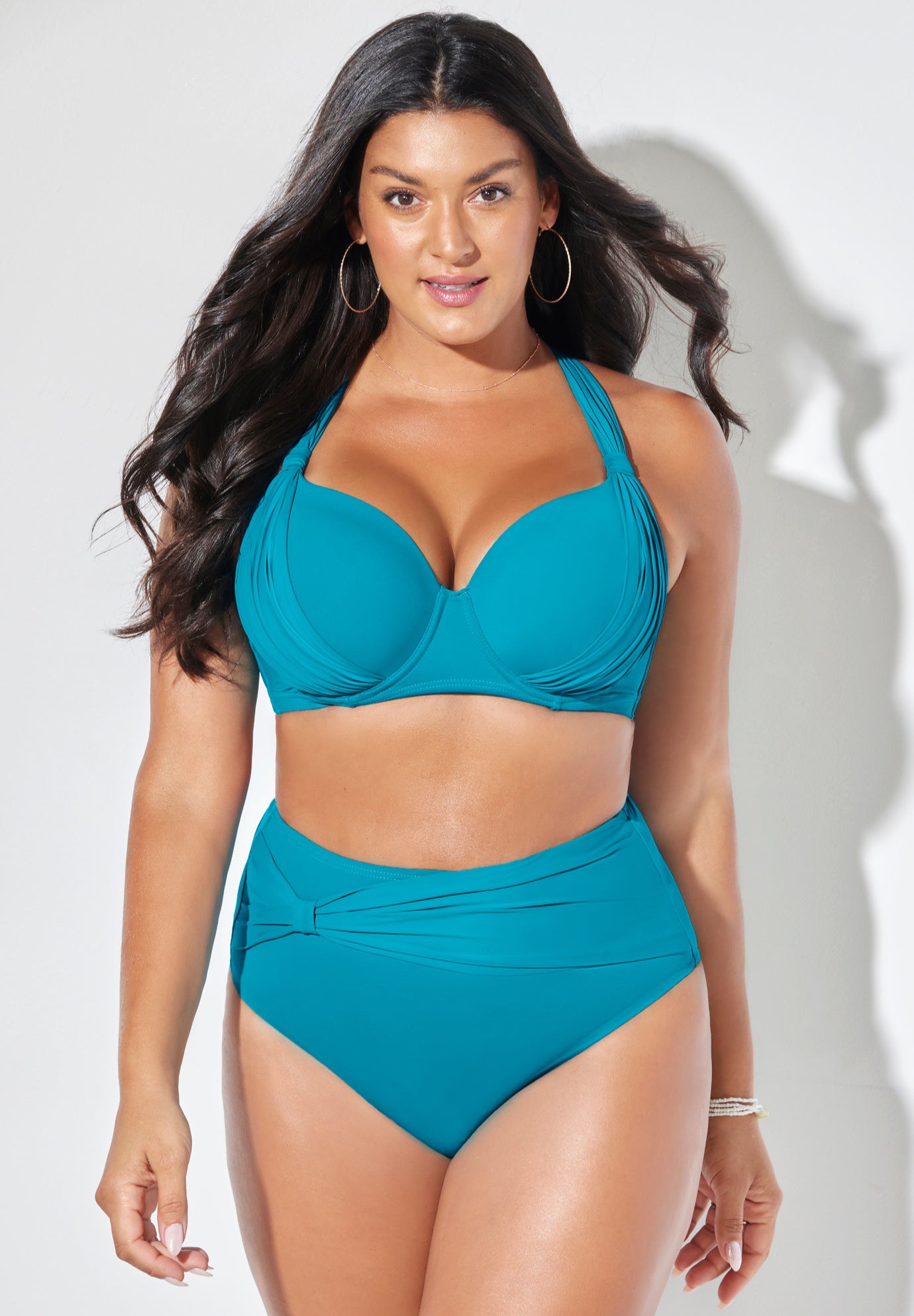 Bra Sized Drape Front Underwire High Waist Bikini Set, 