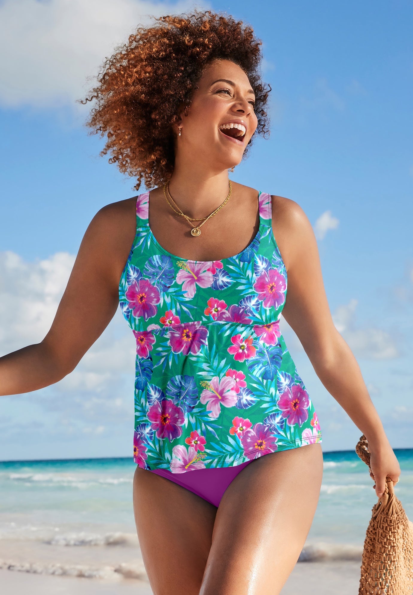 Solid Ricrac Trim Flared Tankini Top Set