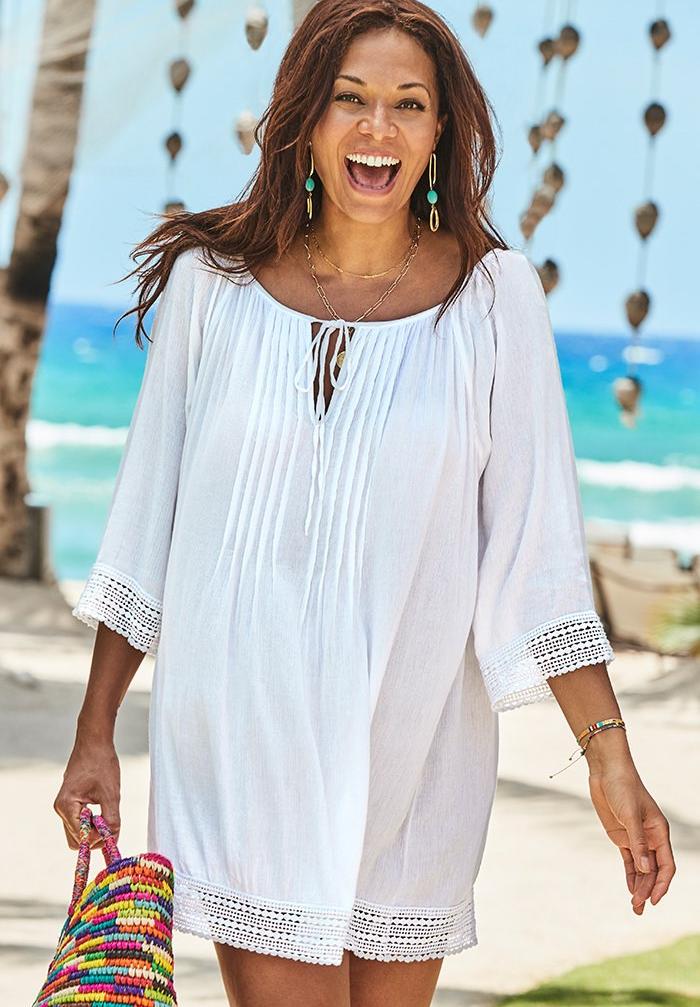 Flattering Giana Crochet Cover Up Tunic, White | Swimsuits For All
