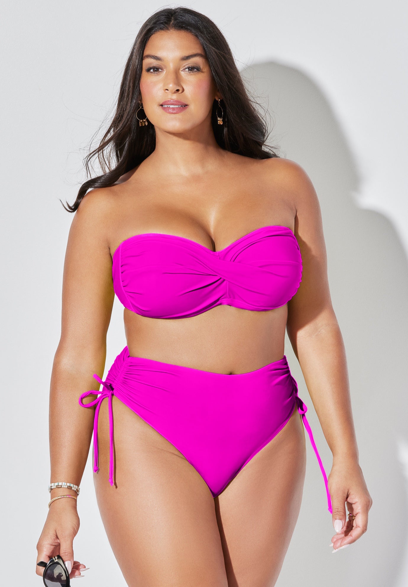 Valentine Ruched Bandeau High Waist Side Tie Bikini Set, 