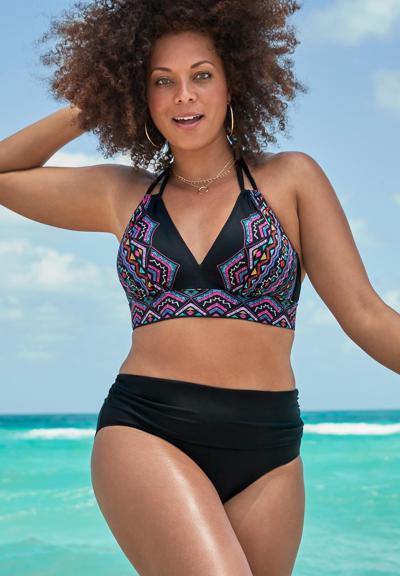 Loop Strap Halter Bikini Set With Foldover Brief, 