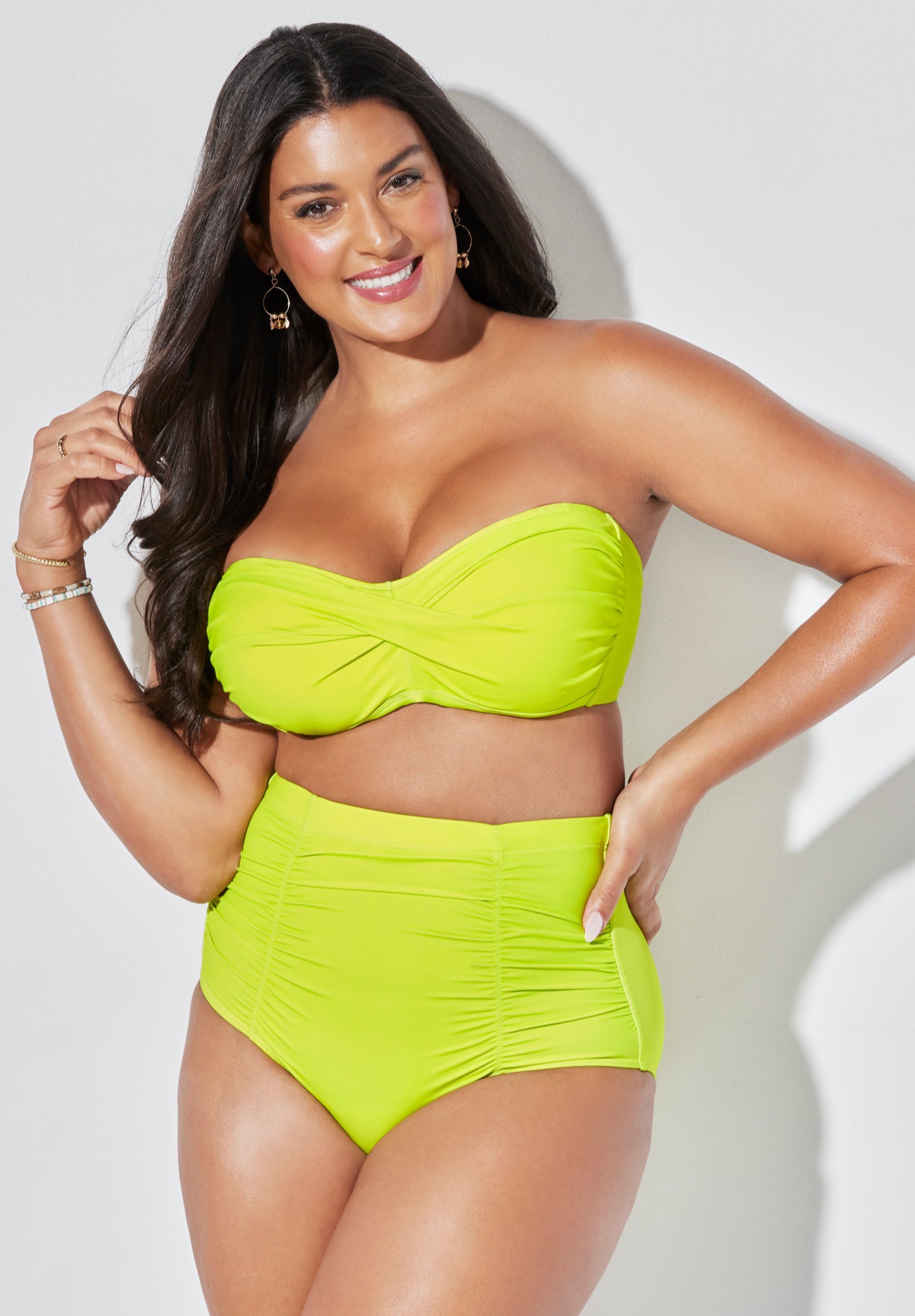 Valentine Ruched Bandeau Shirred High Waist Bikini Set, 