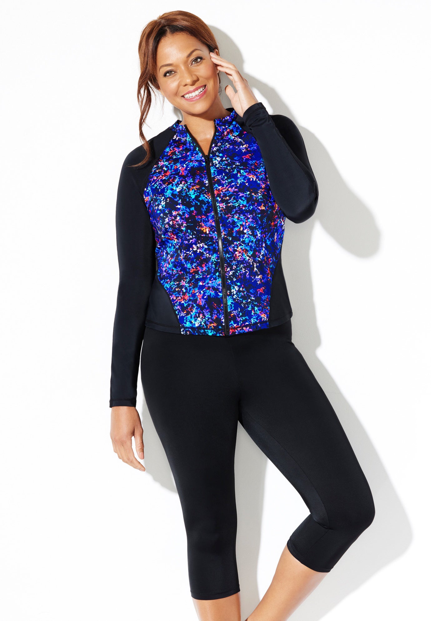 Chlorine Resistant Zip Front Long Sleeve Swim Shirt Set With Capri, 