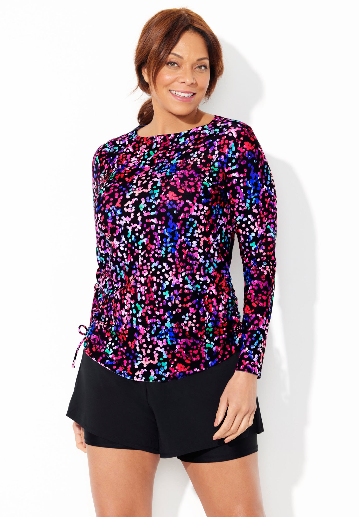 Chlorine Resistant Side-Tie Adjustable Long Sleeve Swim Tee Set With Light Weight Quick-Dry Short, 