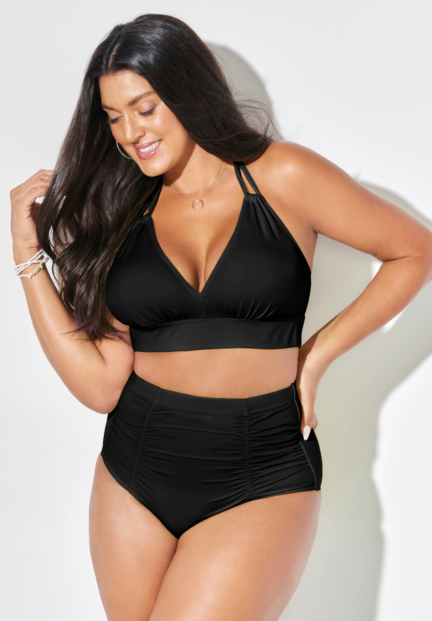 Loop Strap Halter Shirred High Waist Bikini Set, 