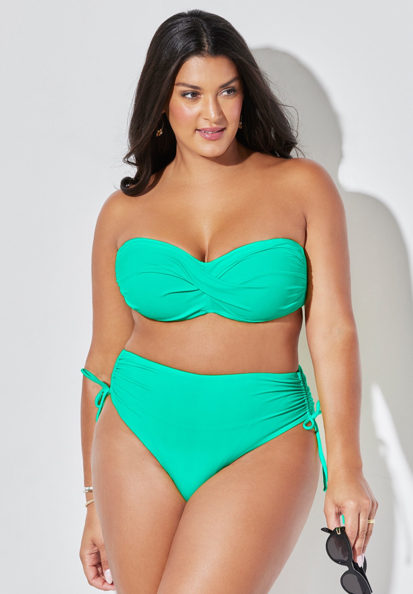 Valentine Ruched Bandeau High Waist Side Tie Bikini Set, 
