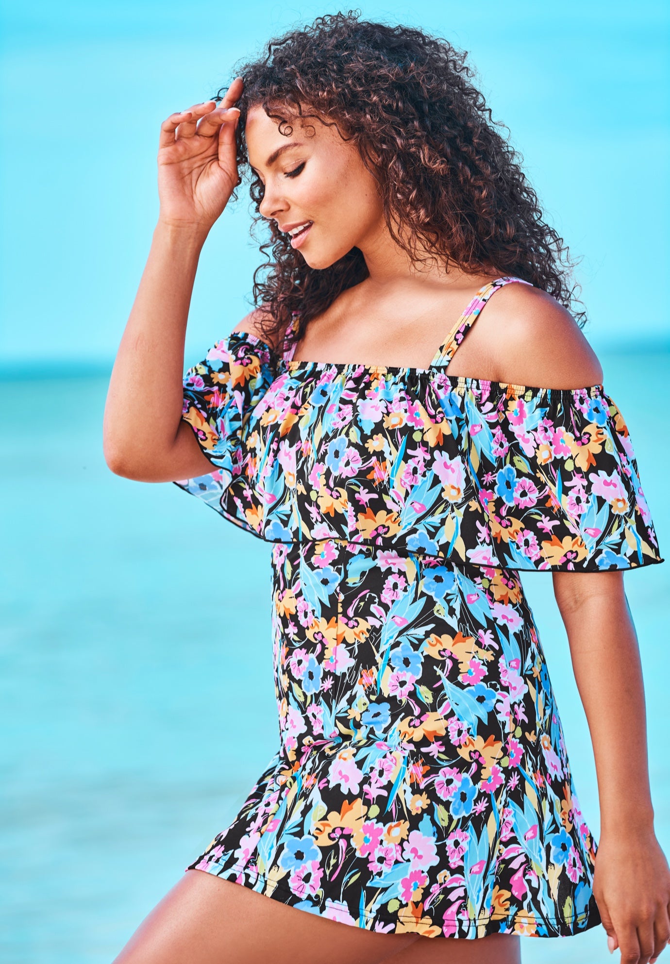 OffTheShoulder Flounce Swim Dress by Fit 4 U® Swimsuits for all full
