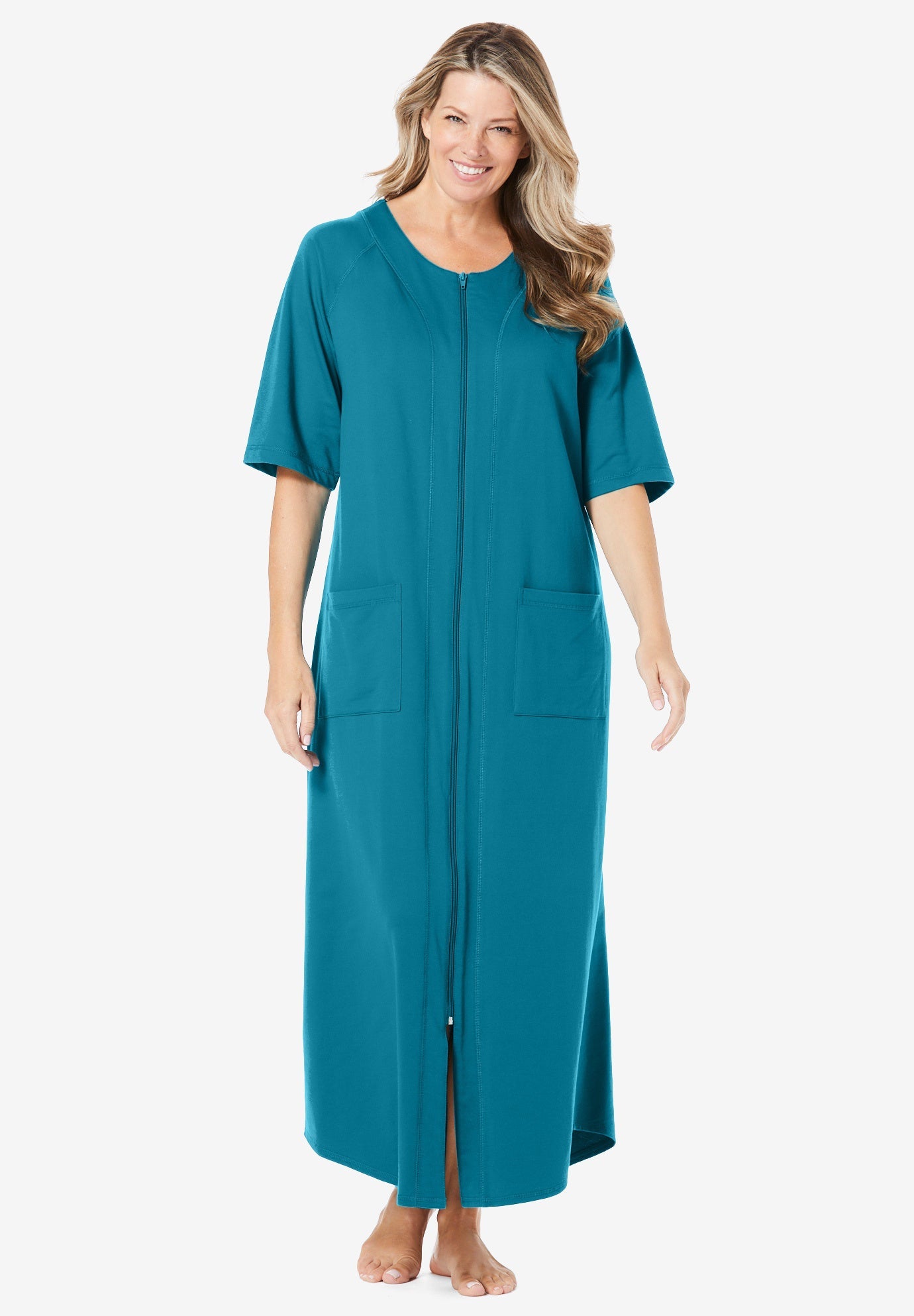 Everyday Long French Terry Zip-Front Robe, Deep Teal | Swimsuits For All