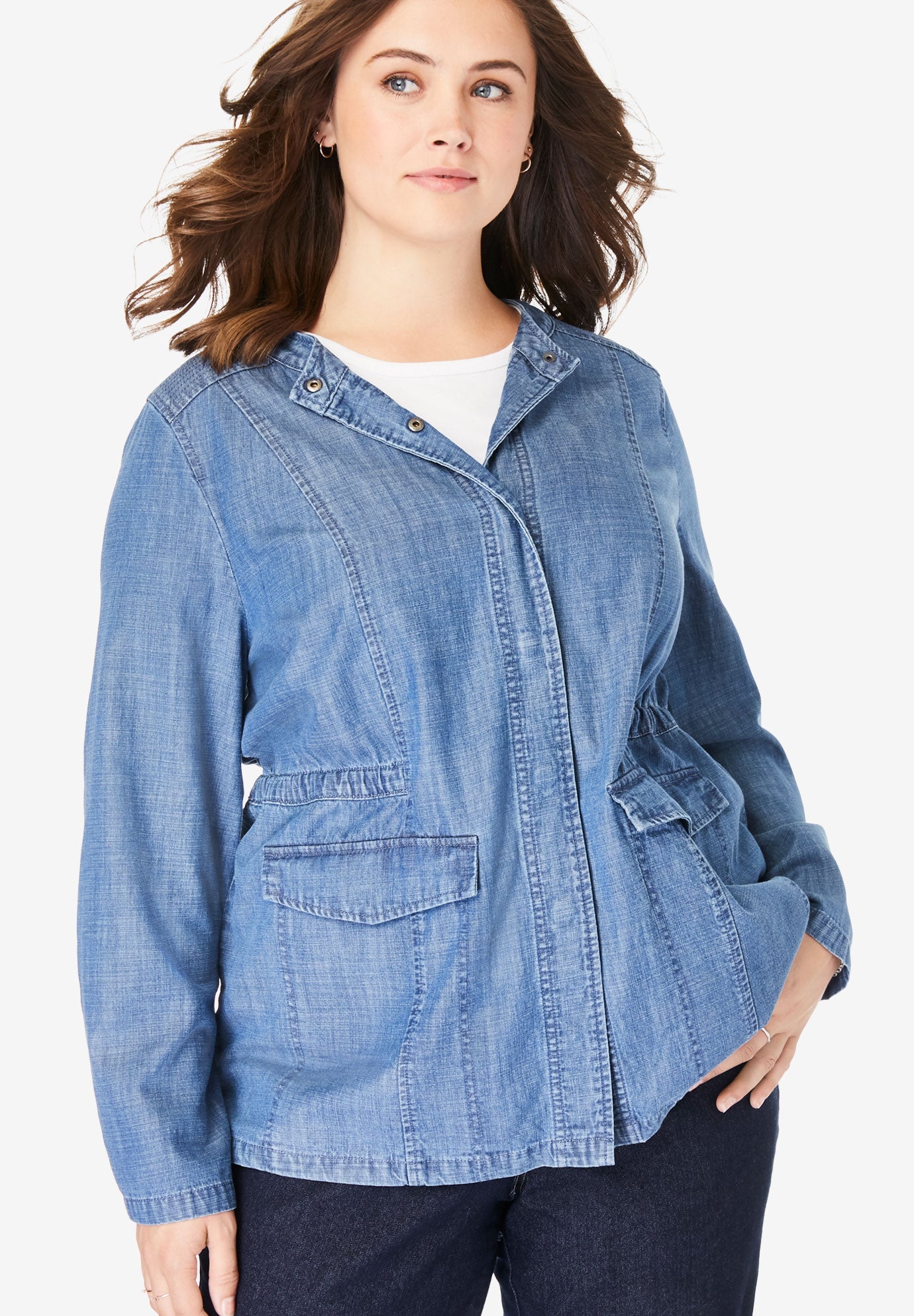 Collarless Denim Utility Jacket Swimsuits For All