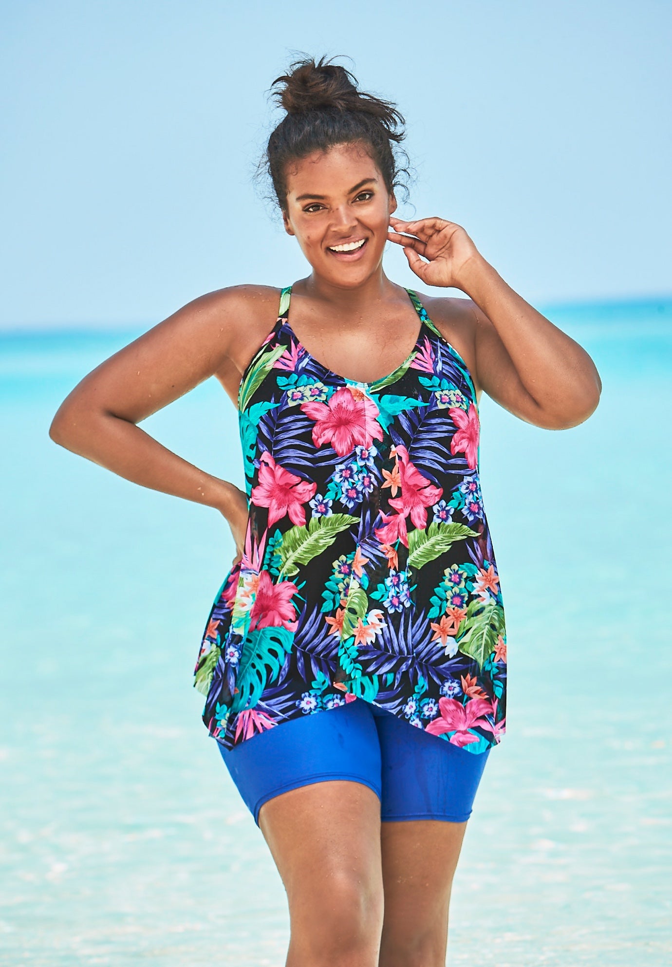 Flattering Longer Length Mesh Tankini Top Multi Dot Animal Swimsuits For All