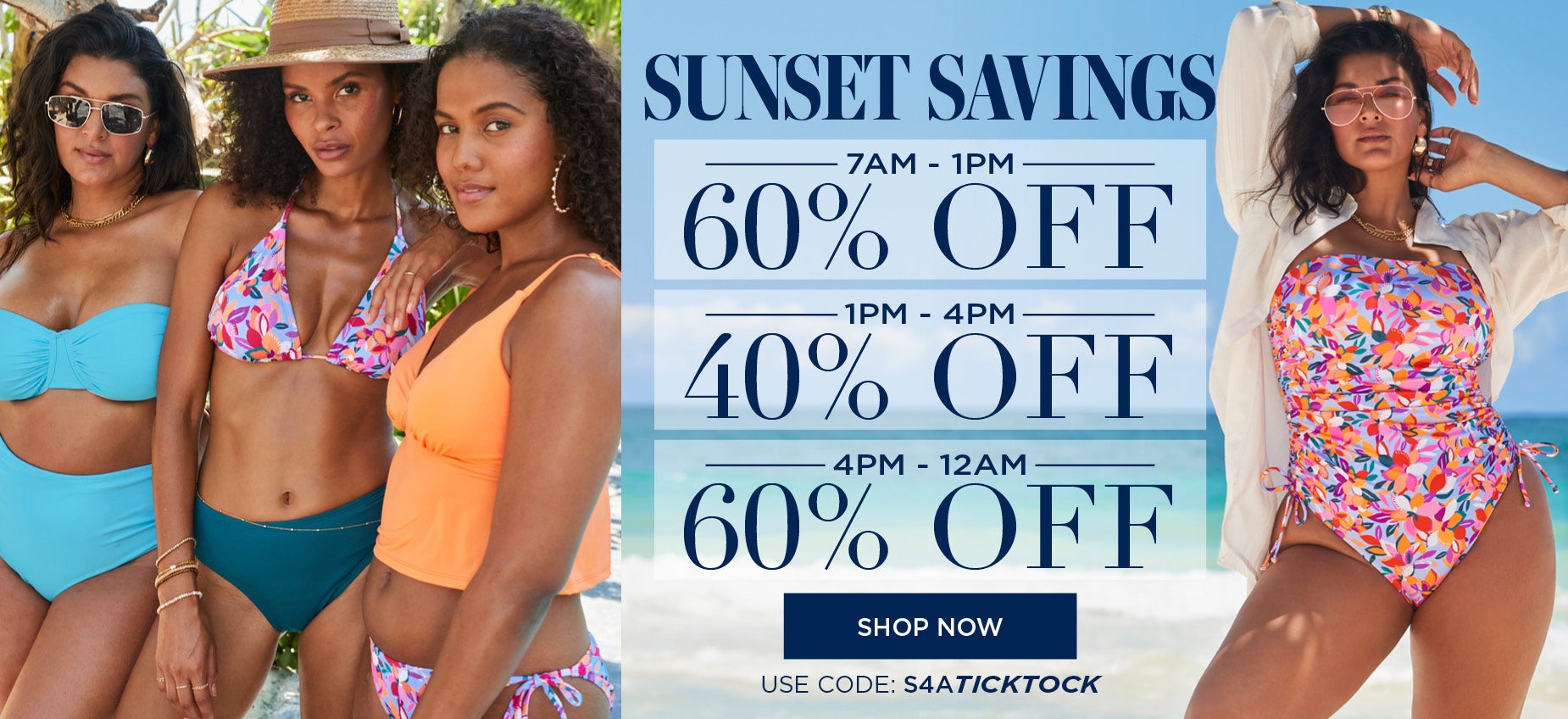 SUNSET SAVINGS: FROM 7am to 1pm take 60% off, from 1pm to 4pm take 40% off, or from 4pm to midnight take 60% off with code: S4ATICKTOCK