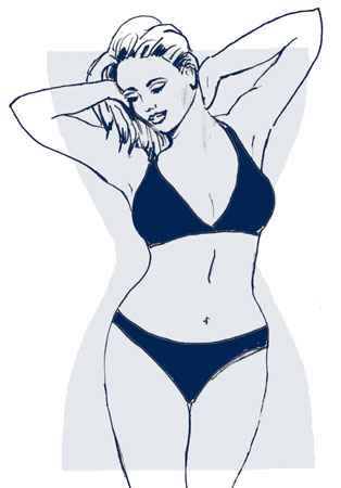 The curviest body type. Hourglasses have wider hips and shoulders, a smaller waist, full rear and thighs and shapely lower legs.